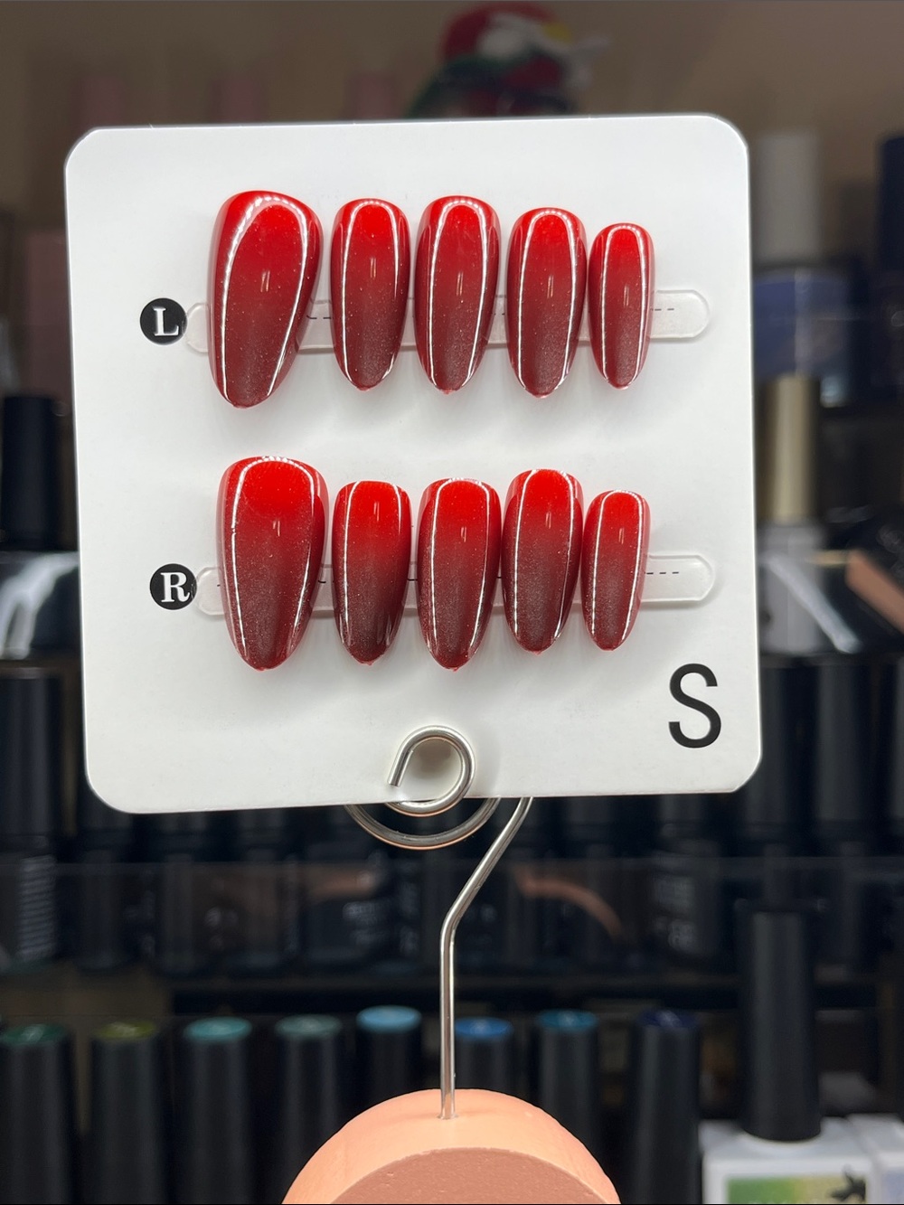 Red Ombre Press-On Nail Set cat eye effect small ovals
